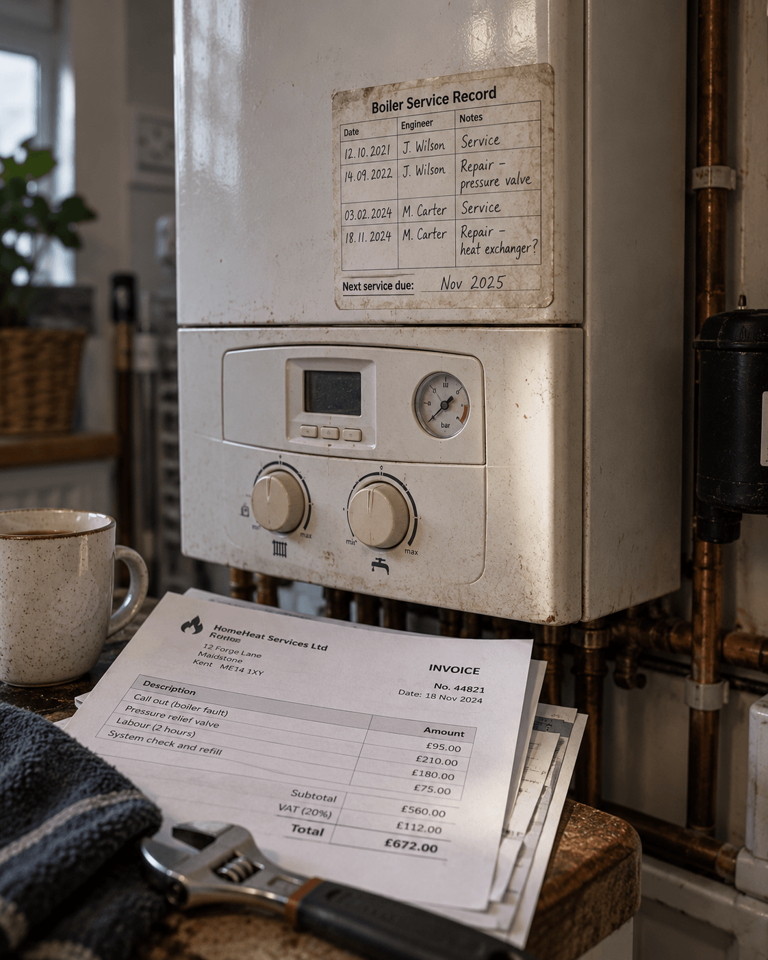 An ageing boiler with a handwritten service record and a repair invoice on the kitchen worktop.