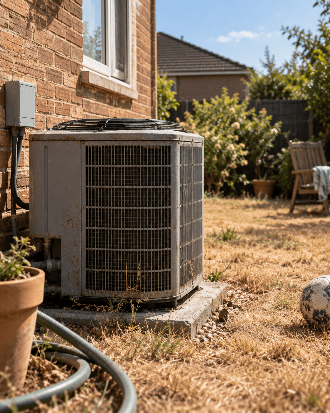 A weathered outdoor air-conditioning unit beside a brick house and a dry summer garden.