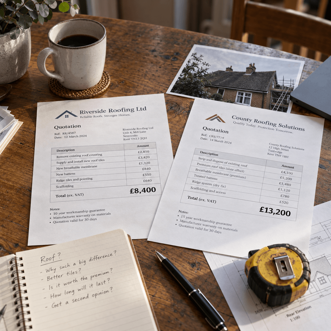 Two roofing quotations for £8,400 and £13,200 on a kitchen table beside a photograph of the roof and handwritten questions.